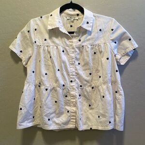 Madewell White Blouse with Blue Heart Design